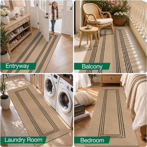 LUMI 3x7 Natural Jute Runner Rug, Braided Farmhouse Hallway Rug | Non Slip No Shedding Rustic Carpet, High Traffic Indoor Mat for Entryway, Kitchen & Laundry