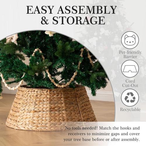 36in Extra Large Christmas Tree Collar - Woven Hyacinth Tree Collars for Artificial Trees - Rattan Rustic Farmhouse Basket for Tree Base Cover with Cord Cut-Out for 7.5ft 9ft 10ft Tree