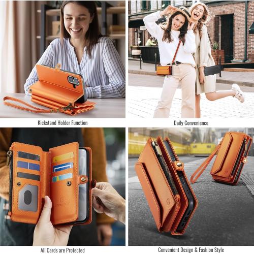 Strapurs for iPhone 17 - Zipper Strap Wallet Case for Women, Orange