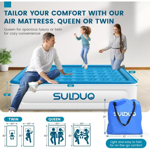 Luxury Air Mattress Queen with Built in Pump, 18'' High Double Blow Up Mattress, Self Inflating Air Bed with Flocked Top and Carry Bag, Durable Portable Airbed for Home Guest and Camping, Blue