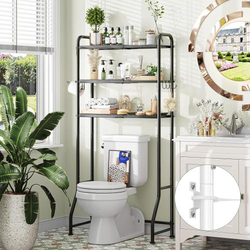 Simple Trending Expandable Over The Toilet Storage Rack, Metal 3 Tier Bathroom Organizer Shelf with Paper Holder and 3 Hooks, Black