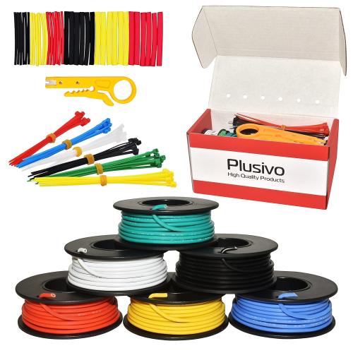 18 AWG Solid Core Hookup Wire Kit – 18 Gauge Copper Pre-Tinned PVC Coated 16ft or 5m Each Spool, 6 Colors (Black, Red, Yellow, Green, Blue, White), Jumper Electrical Wire Hook Up Wire Kit from Plusivo