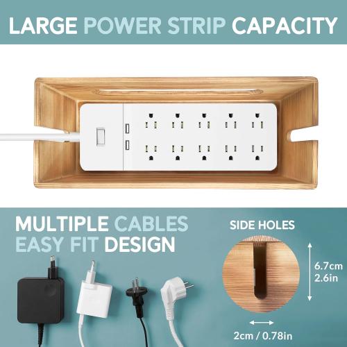 Size small NATURE SUPPLIES | Real Wood Small Cable Management Box Brown | Cord Organizer Box for Power Strips, Adapters, Chargers, USB Hub | Cable Storage Box with Accessories Included | Cord Hider Box Small