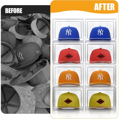 Hat Organizer Box, Stackable Clear Baseball Caps Holder Box Containers with Magnetic Door for Hats Snapback Cap Storag, Hat Rack Display Case, Holds 8 Hats Each (Clear, 2 Pack)