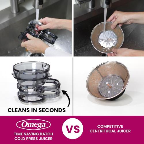 Omega Cold Press Juicer – Slow Masticating Hands Free Juicer Machine for Vegetables and Fruits with Wide Mouth Hopper for Whole Recipe Batch Juicing, Time Saving Series, Easy to Clean, 150-Watt Motor