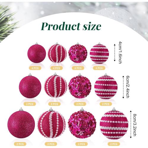 32 Pcs Christmas Hanging Balls - 3 Size Glitter Pearl & Sequin Xmas Tree Ornaments Pearl Balls for Thanksgiving Day Xmas Trees Wreath Garland Holiday Party(Hot Pink)