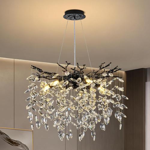 Modern Crystal Chandelier 17.7 Black Tree Branch Chandelier with K9 Crystals, Dimmable LED Luxury Pendant Lighting 6-Light Round Chandeliers for Dining Room Bedroom Entryway Kitchen
