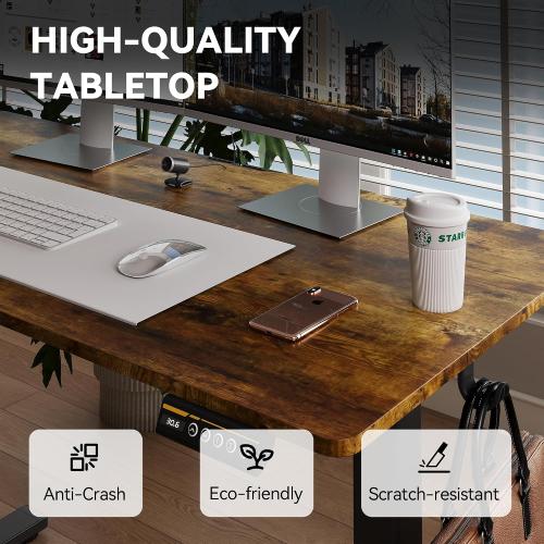 Electric Standing Desk,48x24 Inches Adjustable Height Stand up Desk, Sit Stand Home Office Desk with Splice Board, 3 Preset Heights,Equipped with Hooks,Ergonomic Computer Workstation，Brown