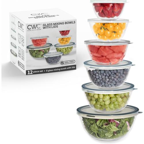 COOK WITH COLOR 12 Pc Glass Mixing Bowl Set with Lids – Borosilicate Glass Nesting Bowls for Cooking, Baking and Meal Prep, Gray