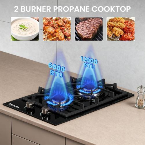 Gas Cooktop 2 Burner,12000W Built-in Gas Stove, Black Crystal Tempered Glass Propane Cooktop, 20.08x12.2 Top Propane Stove Indoor LPG/NG Dual Fuel Hob for Apartment Kitchen RV