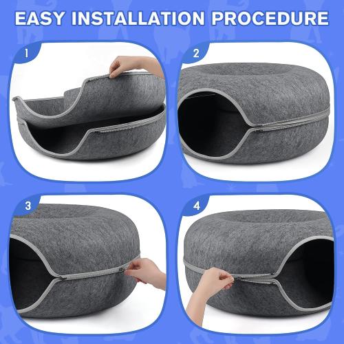 Size 24 x 24 x 11, Dark Grey, 2 PCS Tunnel Bed Peekaboo Cave for Multiple & Large Cats, Scratch Resistant, Washable & Detachable Round Felt Donut Tunnel up to 24 Lbs, 24 x 24 x 11, Dark Grey, 2 PCS