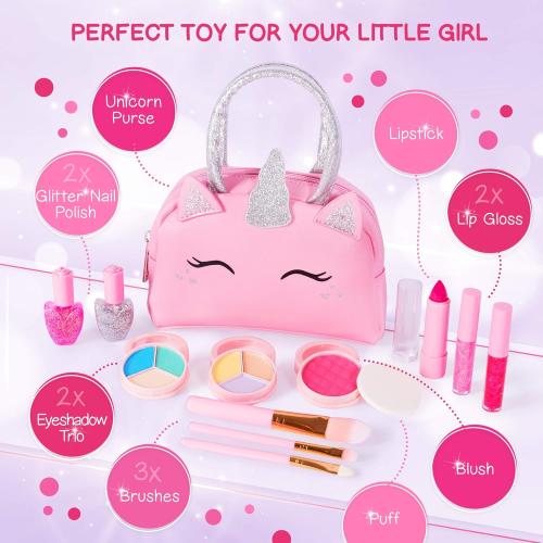 Kids Real Makeup Kit with Pink Unicorn Purse, Non Toxic Washable Make Up Set - Unicorn Toys for Girls Age 4-6, Girls Easter Basket Stuffers, Easter Gifts for Kids, Girl Gift Ages 3 4 5 6 7 8 Years Old