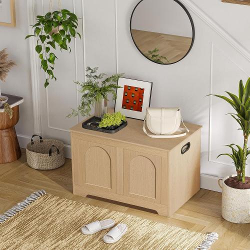 Storage Chest, Wooden Toy Box, Natural 31.5 L | Entryway Shoe Bench, 2 Soft-close Hinges, Finger-safe Flip-Top Lid, Easy Assembly, Farmhouse Large Trunk, Living Room/Bedroom