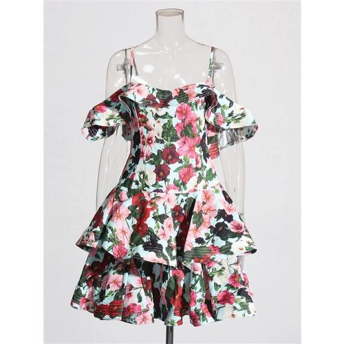 Women's XL Floral Printing Mini Dress Square Collar Sleeveless High Waist Ruffles Dresses