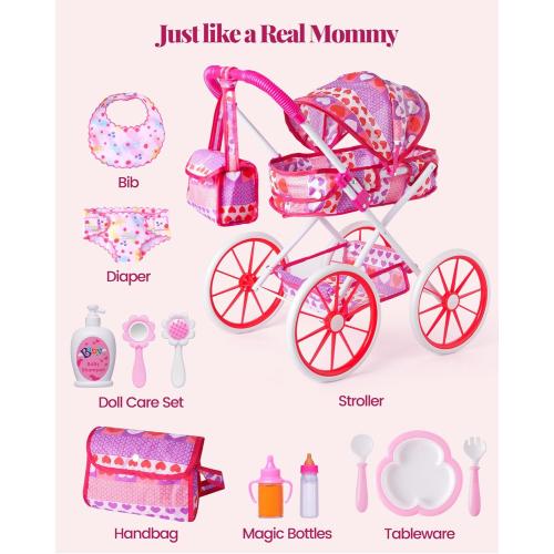 BABESIDE 10 Pcs Baby Doll Stroller Set with Feeding Doll Accessories, Baby Doll Stroller Toys for 12 Inch Dolls, Pretend Play Feeding Toy (Doll Not Included)