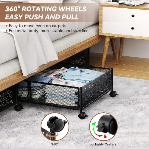 PHINOX Under Bed Stroage Container with wheels,Patterned,Metal,2 Pack,Black