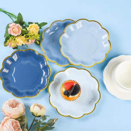 24 Pcs Dusty Blue Scalloped Paper Dessert Plates, 7 Inch, Gradient Blue | Gold Foil Edge, Disposable Party Plates, Snack Cake Plate for Birthday Bridal Baby Shower Wedding Xmas Party Supplies