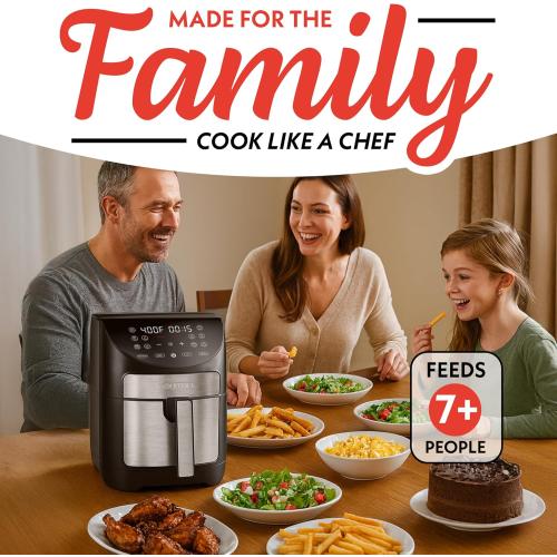 Gourmia Air Fryer - 7 Qt Large Capacity, FryForce360º, Digital Display with 10 Presets, Roast, Bake, Broil, Dehydrate, Dishwasher Safe Accessories, Black