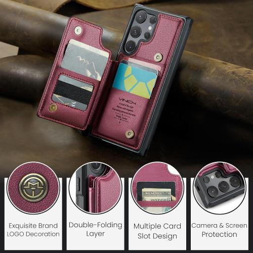 Vinich for Samsung Galaxy S25 Ultra Wallet Case with Card Holder, RFID Blocking Credit Slots Kickstand Shockproof Phone Cover for Women Men, Wine Red