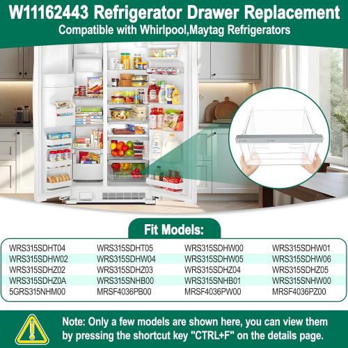 UPGRADED W11162443 W11046494 Refrigerator Crisper Drawer Replacement Compatible with Whirlpool Crisper Drawer Whirlpool Fridge Drawer Replacement WRS325SDHZ WRS315SDHZ WRS325SDHZ01 Crisper Drawers