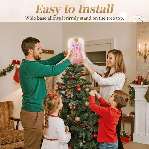 Lewondr Christmas Tree Topper Angel, 12'' Light Up Angel Tree Topper with Wings and Candle Light, 8 Modes and 6 Hrs Timer USB and Remote Operated Christmas Decor for Holiday Home Decor, Pink