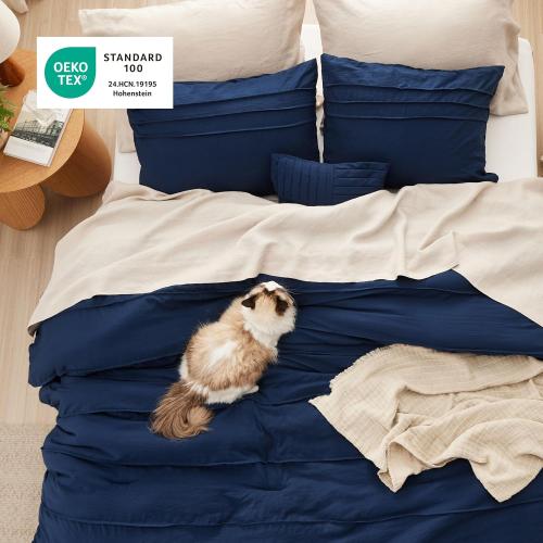 Bedsure Full Comforter Set - 4 Pieces Pinch Pleat Bed Set, Navy Blue Boho Bedding for All Season, 1 Soft Comforter, 2 Pillowcases, 1 Decorative Pillow