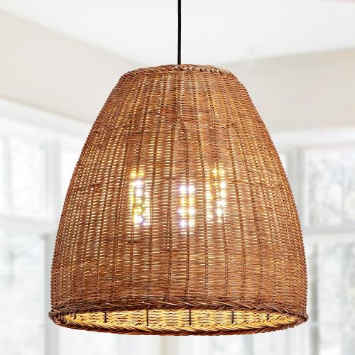 3-Light Dark Curry Rattan Pendant Light,16.54 Rustic Hanging Light,Brown Wicker Pendant Light Hand-Woven Rattan Chandelier for Workplace Restaurants Dining Living Kitchen Farmhouse