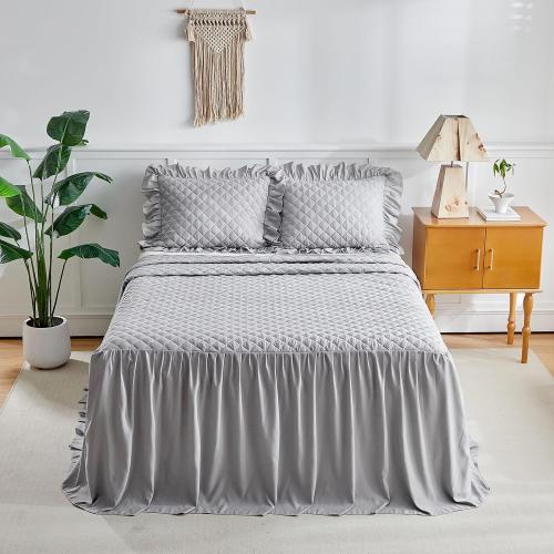 Ruffle Skirt Bedspread Set - 30 Long Drop - Vintage Chic Ruffled Summer Coverlet Bed Spreads Quilt Boho Bedding Farmhouse Style Lightweight Luxurious Rustic 3 Piece Set Queen Size Gray