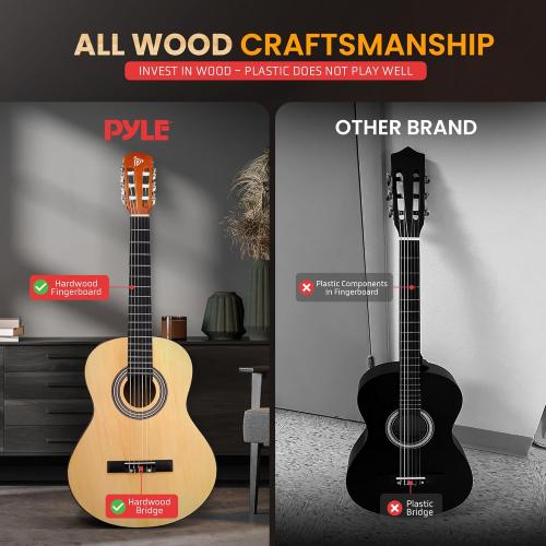 Pyle Beginner Acoustic Guitar Kit, 3/4 Junior Size All Wood Instrument with Full Accessory Kit, Picks, Shoulder Strap, Carry Case, Cleaning Cloth, Tuner App, 2 Month Lessons, 36” (Ash Gloss)