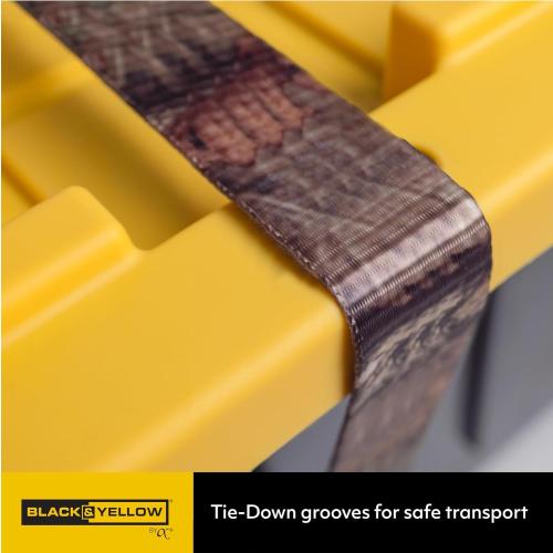 CX BLACK & YELLOW, 27-Gallon Heavy Duty Tough Storage Container & Snap-Tight Lid, (14.3H x 20.6W x 30.6D), Weather-Resistant Design and Stackable Organization Tote [4 Pack] - 1 cover missing, 3 covers damage