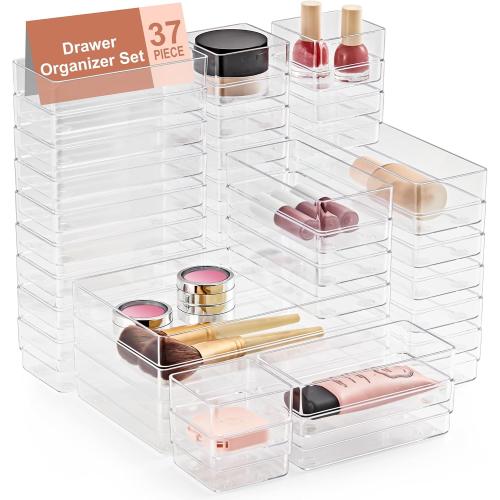 SMARTAKE 8 Piece Drawer Organizer with Non-Slip Silicone Pads, Desk Drawer Organizer Trays Storage Tray for Makeup, Jewelries, Utensils in Bedroom Dresser, Office and Kitchen (Clear)