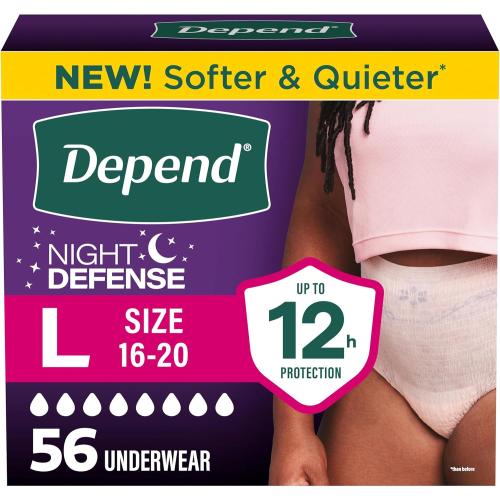 Depend Night Defense Adult Diapers, Incontinence & Postpartum Bladder Leak Underwear for Women, Disposable, Overnight, Large, Blush, 56 Count (4 Packs of 14), Packaging May Vary