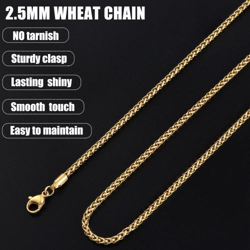 Fiusem Gold Plated Wheat Chain Necklace for Men, 2/2.5/3/4/5mm Gold Stainless Steel Necklace Chains for Men and Women 16-28 Inch, Jewelry Gift
