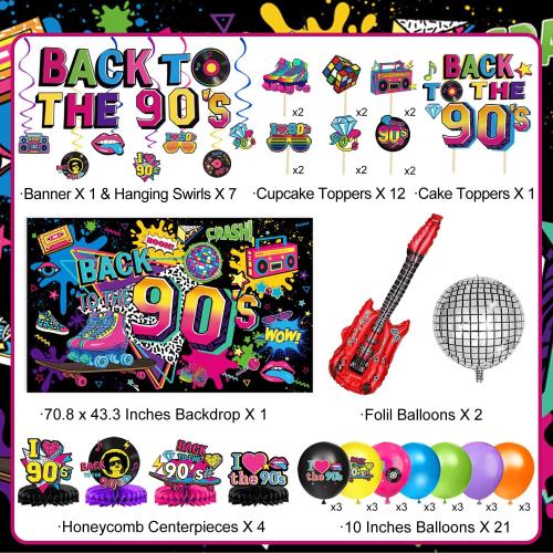 90s Party Decorations Includes 90's Backdrop, Foil & Latex Balloons, Cake & Cupcake Toppers, Honeycomb Centerpieces Banner, Hanging Swirls for 80s 90s Party Decorations