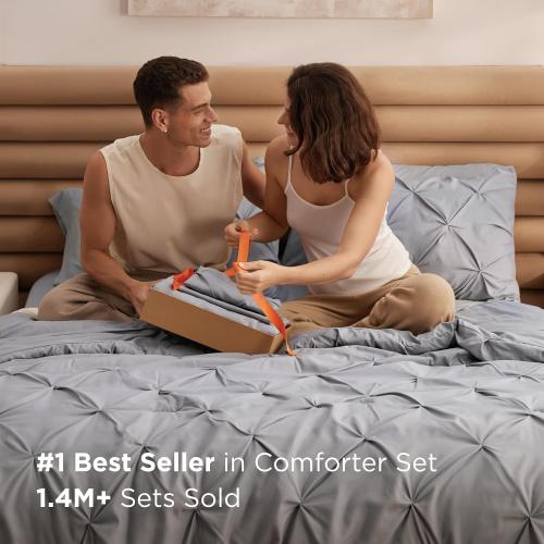 Bedsure Full Comforter Set Grey - Bed in a Bag Full Size Bedding Set 7 Pieces, GentleSoft™ Pintuck Bed Set Gift for Family, Pinch Pleat Grey Comforter with Sheets, Pillowcases & Shams