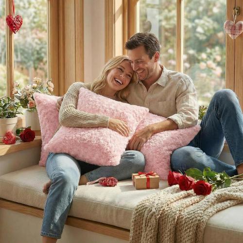 FUTEI Pack of 2 Rose Textured Throw Pillow Covers 16x16 Inch, Pink | Same Rose Swirl Textured Fabric On Both Sides,Hidden Zipper,Machine Washable,Non-Shedding, Colorfast,Insert Not Included.