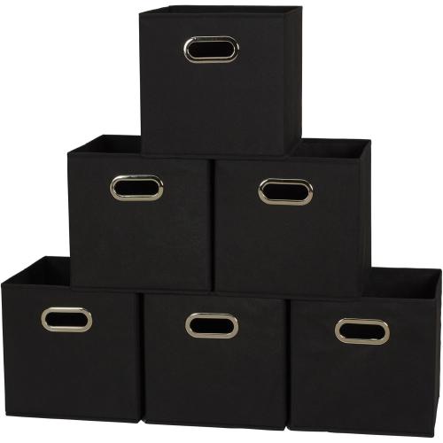 Household Essentials Foldable Fabric Storage Bins 6 Piece Set, Strong Poly-Woven Fabric, Sturdy Chipboard Sides, Grommet Front Handle, Stackable, Classic Design, Black