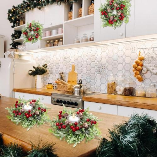 Candle Rings with Red Berries and Pinecones 2Pcs Christmas Candle Wreaths Artificial Centerpiece for Pillars Winter Wedding Holiday Table Decor