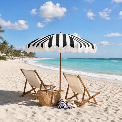 Rayjee 6.5FT Patio Umbrella with Fringe, UV Protection Beach Umbrella with Tilt & Adjustable Height, Includes Carry Bag & Ground Stake, Outdoor Umbrella for Pool, Garden, Backyard