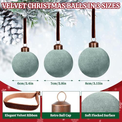 24 Pcs Velvet Christmas Balls Bulk, 3.15/ 2.76/ 2.36 Flocked Christmas Tree Ball Ornaments Xmas Decorative Hanging Ornaments for Xmas Tree Wreath Home Party Decor (Dusty Blue)