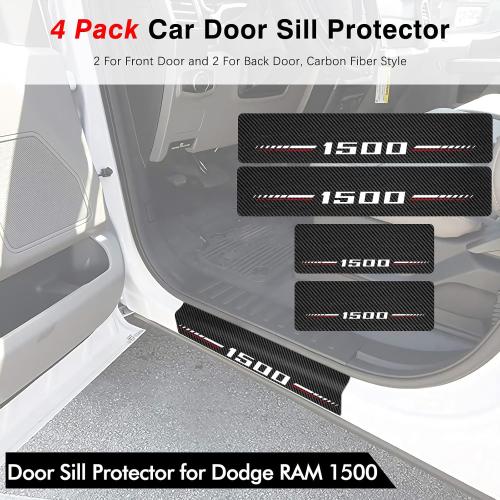 Car Door Sill Protectors Compatible with Dodge RAM 1500 Accessories- 4Pcs Door Entry Guard Scuff Sill Protector Plate- Carbon Fiber Anti-Scratch Sticker- Upgraded Full Coverage