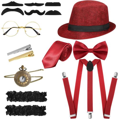SATINIOR 1920s Old Men Costume Roaring Retro Accessories Set Gangster Hat Bow Tie Pocket Watch Suspender Glass Beard Tie Clip