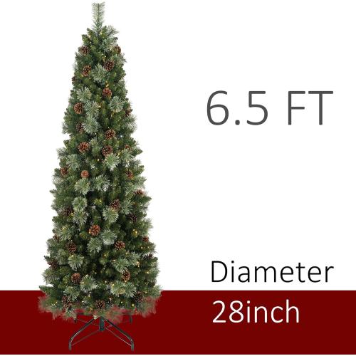 Size 6.5 Ft Prelit Christmas Tree, Artificial Pencil Christmas Tree with 250 LED Lights, Pine Needles and Pine Cones Xmas Decoration for Home