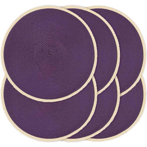 Noctiflorous Round Placemats Set of 6, 15 Inch Braided Hand Woven Table Mats, Heat Resistant Non-Slip Wipeable Thin Edge Place Mats for Kitchen Dining Indoor Outdoor Use(Purple, 6)