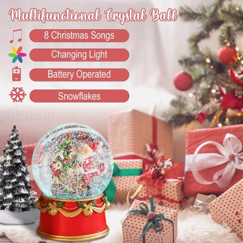 Christmas Snow Globes Musical Snow Globe with Santa Clause Bags Tree Bears 8 Songs Color Changing Battery Operated Snowglobe for Christmas Home Party Decor
