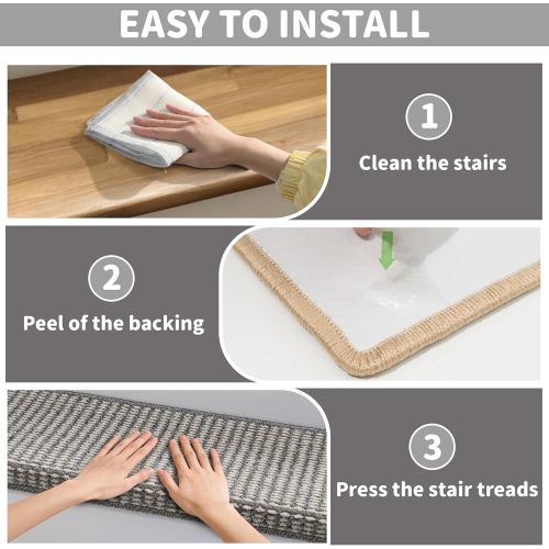Brakki Bullnose Carpet Stair Treads, Stair Treads for Wooden Steps Indoor Runner and Pets, Non Slip Soft Edging Staircase Protectors, Washable, 29.5x9.5x1.5 7pcs, Grey and Cream