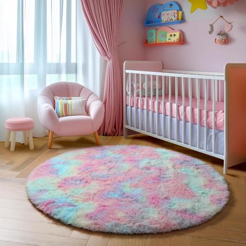 Amdrebio Rainbow Fluffy Round Rug 4Ft Kids Rugs for Girls Bedroom, Unicorn Room Decor, Colorful Pastel Shag Carpet for Preppy Dorm, Soft Cute Fuzzy Kawaii Circle Area Rugs for Baby Nursery, Playroom
