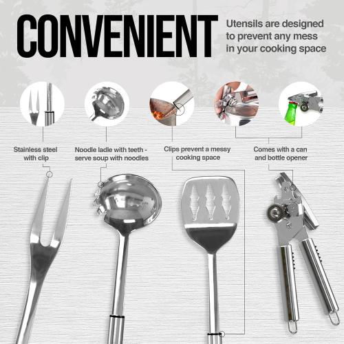 Camp Cooking Utensils | 11 Piece Camping Kitchen | RV Cookware Kit | Travel Grill Set | BBQ Accessories & Essentials for Camper