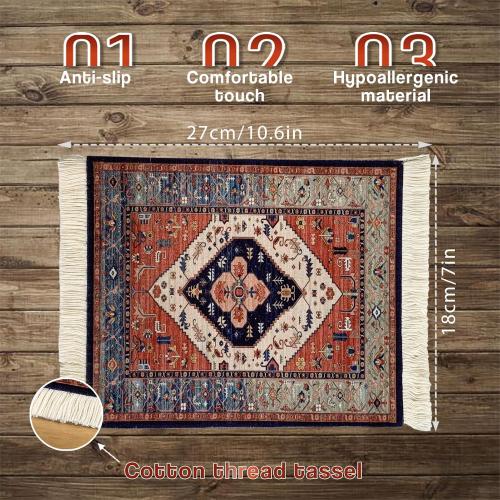 Persian Style Carpet Mouse Pad – Vintage Miniature Bohemian Rug Desk Pad, Non-Slip Computer Mouse Mat with Fringed Edges, Elegant Table Decor for Home & Office Accessories