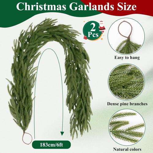 U'Artlines 2Pcs Christmas Norfolk Pine Garland, 6 Ft Xmas Faux Greenery Garland Real Touch Winter Cedar Garlands for Table Stairs Mantle Fireplace Holiday Decoration